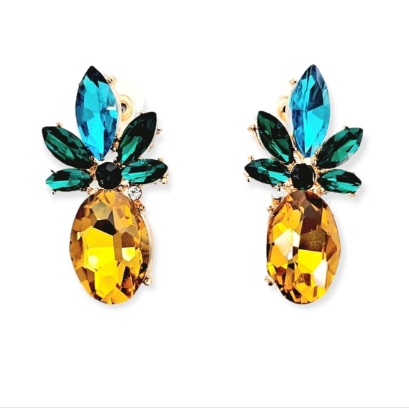 💖 2/$30 Pineapple fruit rhinestone yellow boho stud casual small drop earrings - Picture 5 of 14